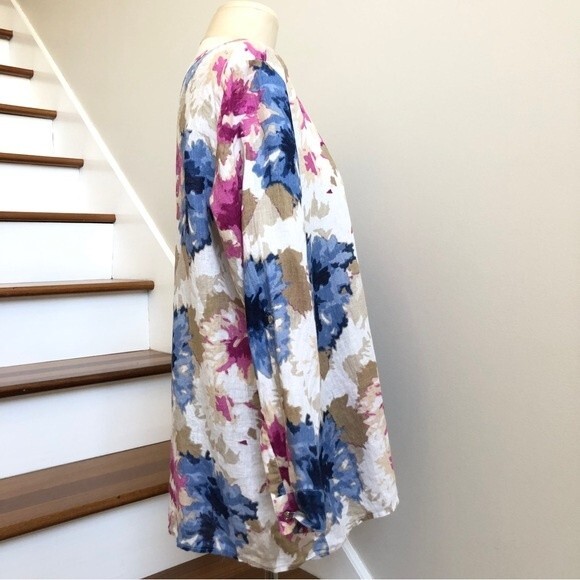 JM Collection Blouse Womens 14 Purple Blue Linen Watercolor Floral Asymmetrical - Picture 4 of 12